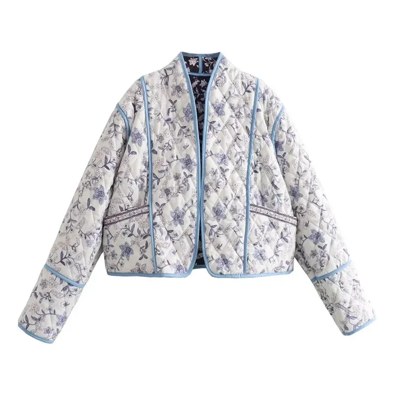 Purple Floral Cotton Coat - 2024 Autumn Winter - Loose Print - Casual Warm Jacket