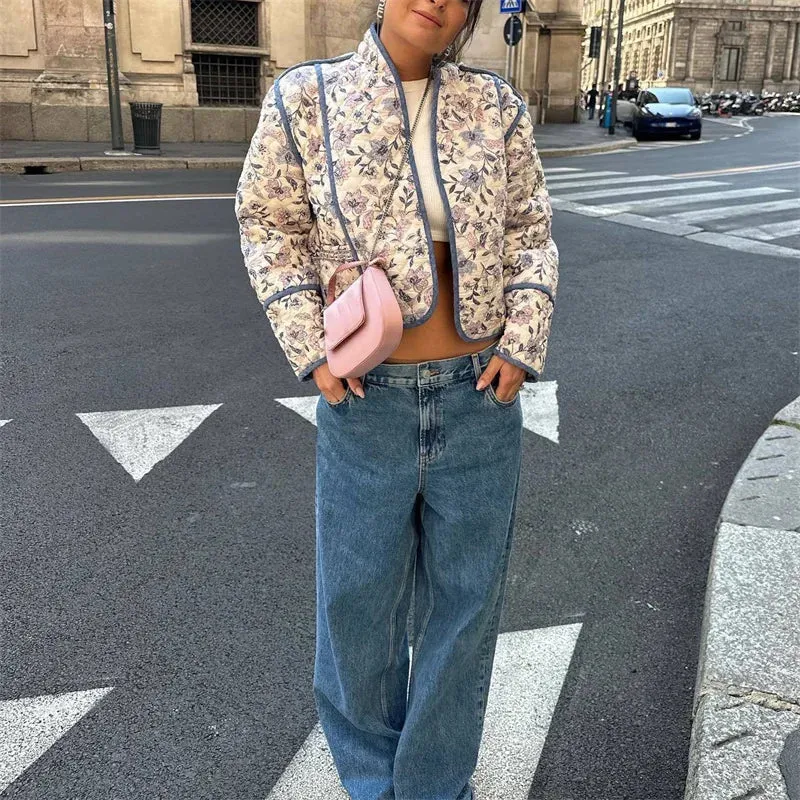 Purple Floral Cotton Coat - 2024 Autumn Winter - Loose Print - Casual Warm Jacket