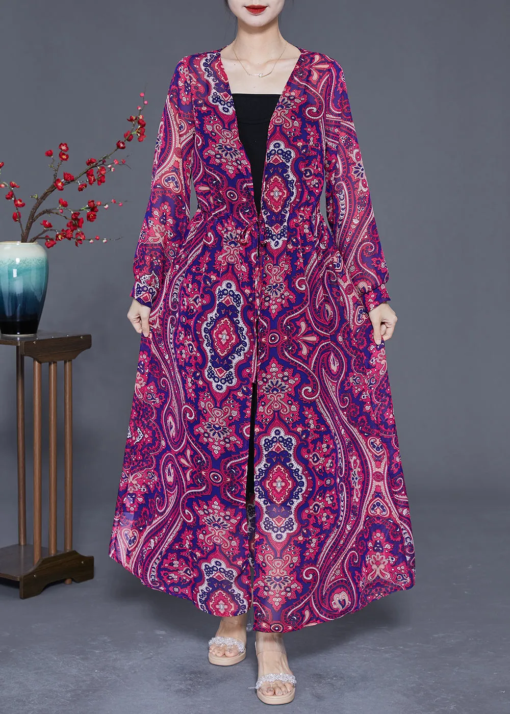 Purple Print Slim Fit Chiffon UPF 50  Long Cardigan Summer