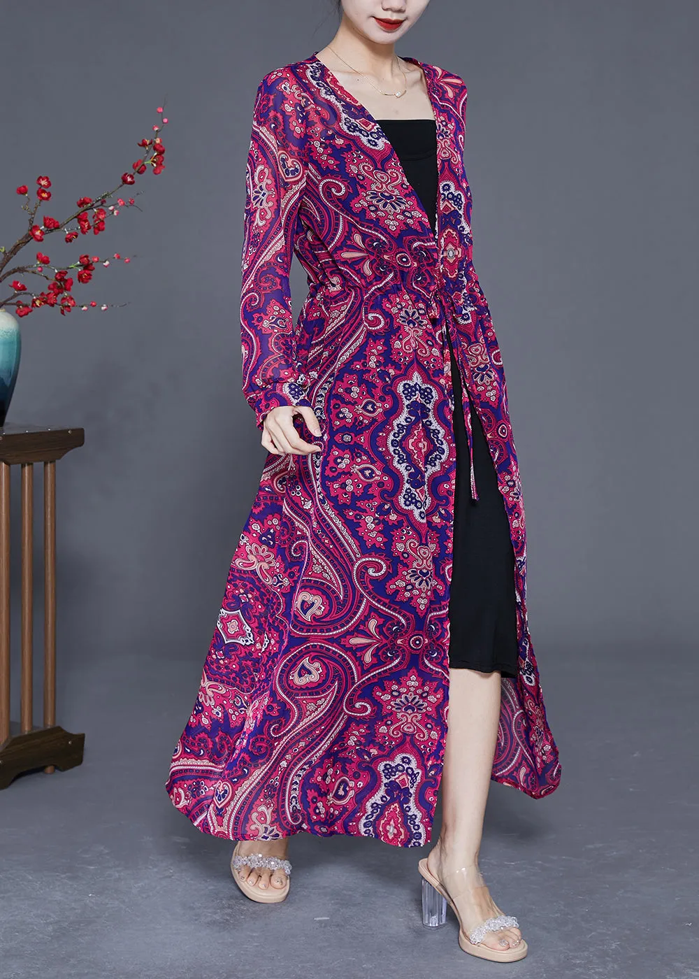 Purple Print Slim Fit Chiffon UPF 50  Long Cardigan Summer