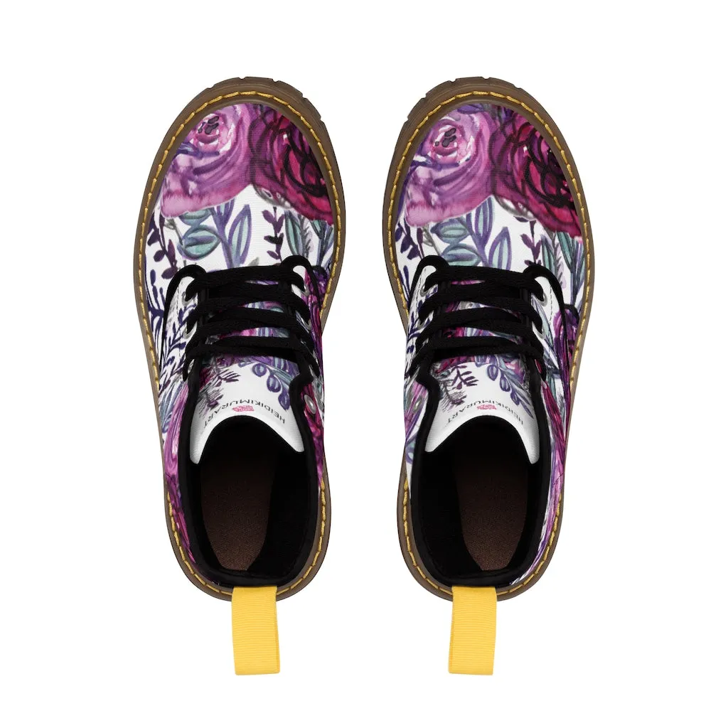 Purple Rose Floral Women's Boots, Flower Printed Laced-up Combat Hiking Boots For Ladies