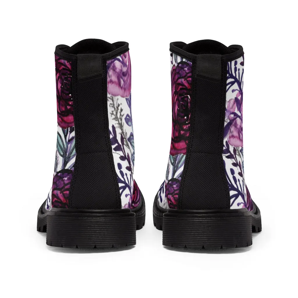 Purple Rose Floral Women's Boots, Flower Printed Laced-up Combat Hiking Boots For Ladies