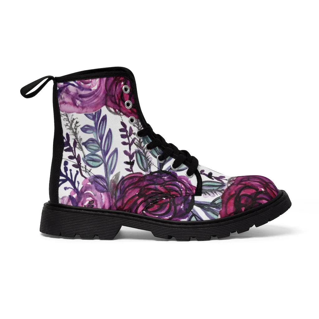 Purple Rose Floral Women's Boots, Flower Printed Laced-up Combat Hiking Boots For Ladies