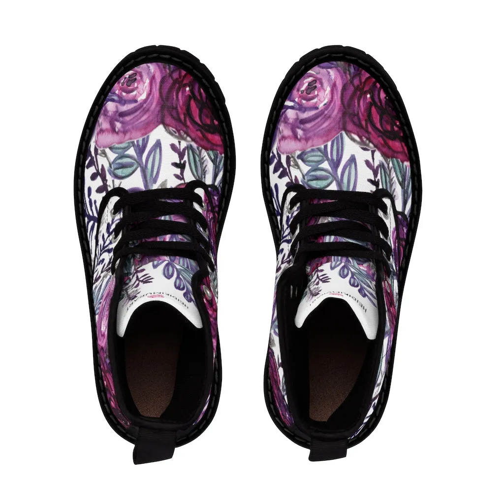 Purple Rose Floral Women's Boots, Flower Printed Laced-up Combat Hiking Boots For Ladies