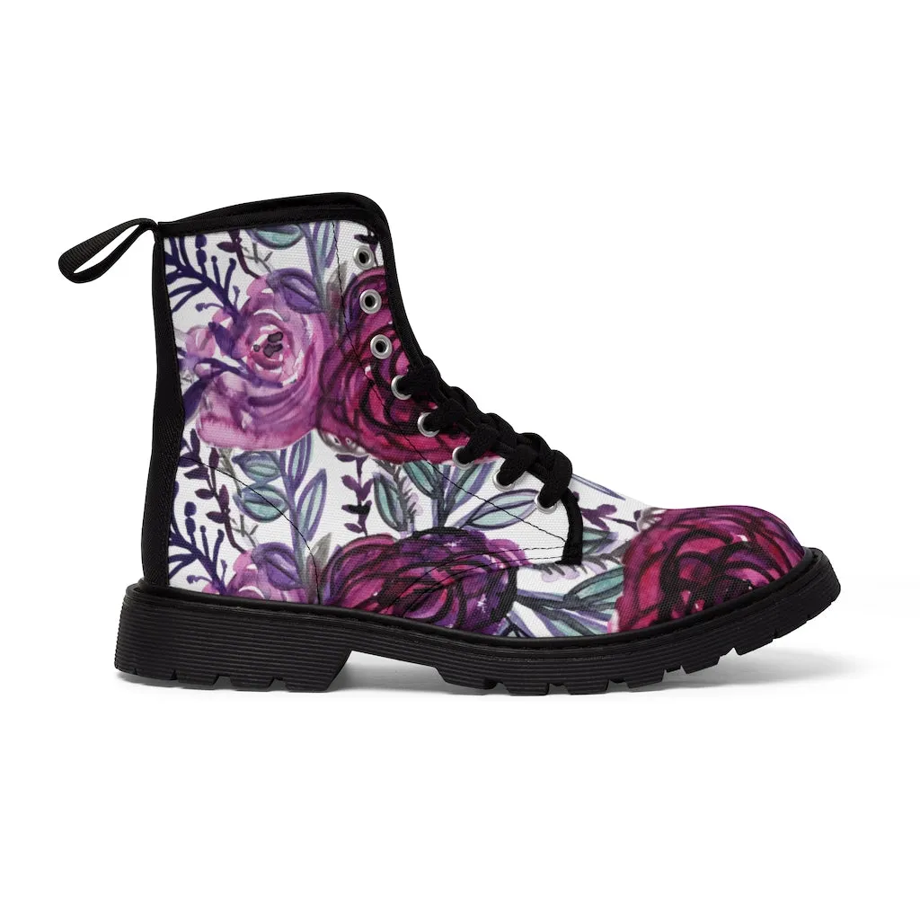 Purple Rose Floral Women's Boots, Flower Printed Laced-up Combat Hiking Boots For Ladies