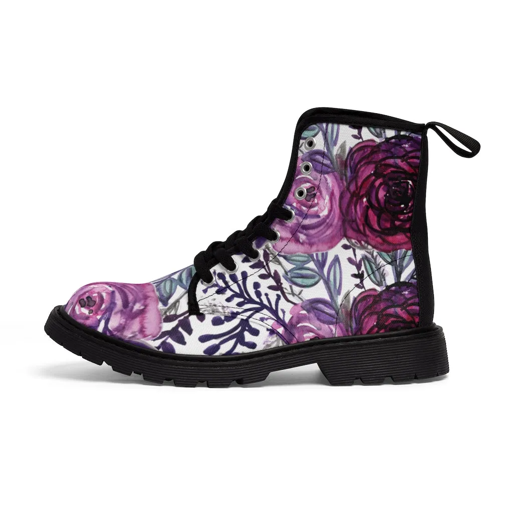 Purple Rose Floral Women's Boots, Flower Printed Laced-up Combat Hiking Boots For Ladies