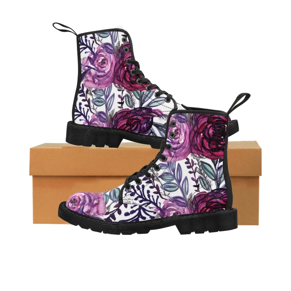 Purple Rose Floral Women's Boots, Flower Printed Laced-up Combat Hiking Boots For Ladies
