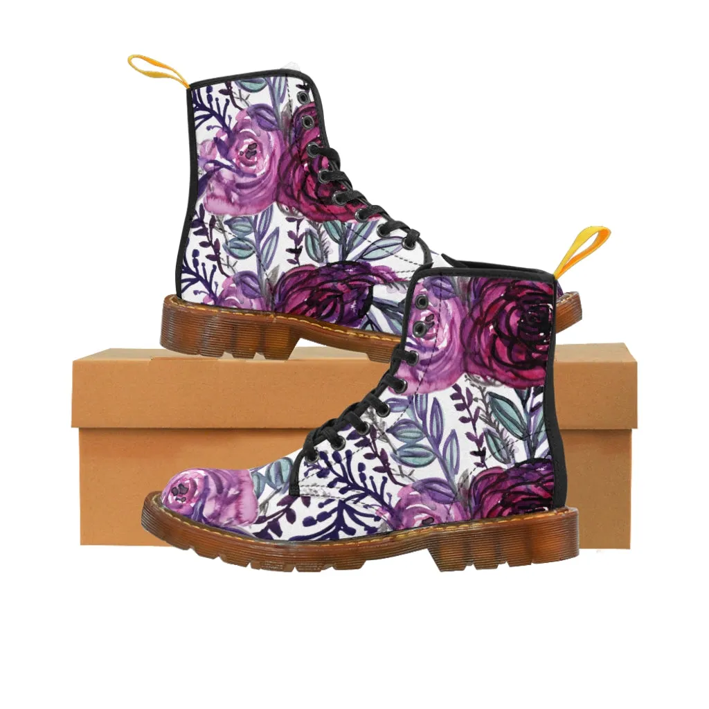 Purple Rose Floral Women's Boots, Flower Printed Laced-up Combat Hiking Boots For Ladies