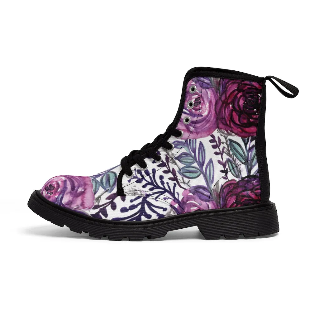 Purple Rose Floral Women's Boots, Flower Printed Laced-up Combat Hiking Boots For Ladies