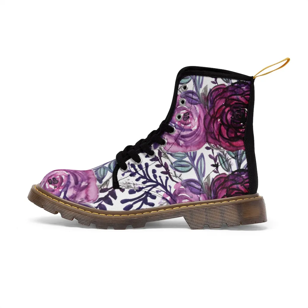 Purple Rose Floral Women's Boots, Flower Printed Laced-up Combat Hiking Boots For Ladies