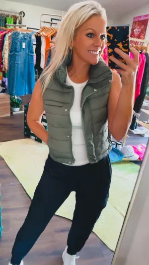 Quilted Stripe Puffer Vest in Evergreen