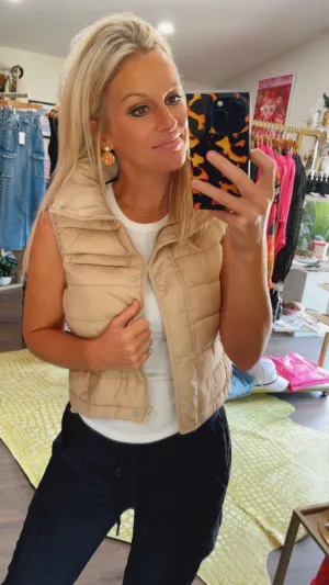 Quilted Stripe Puffer Vest in Khaki