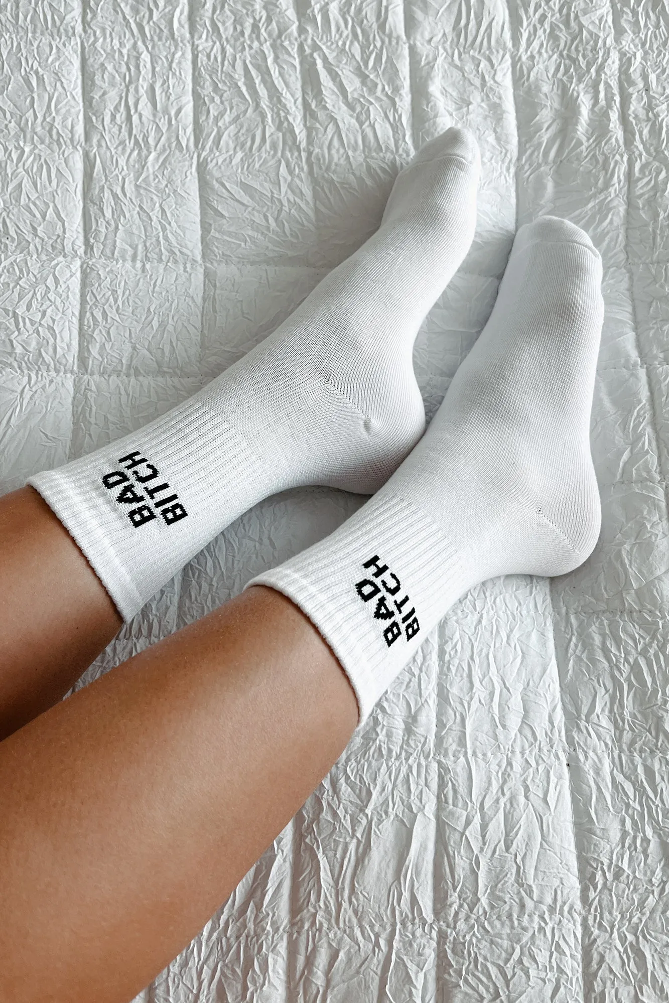 "Bad Bitch" Ribbed Crew Socks (White)