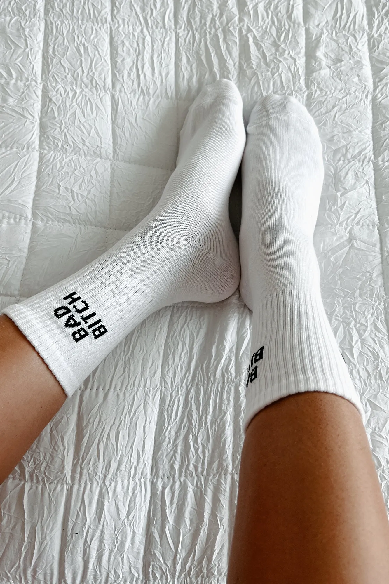 "Bad Bitch" Ribbed Crew Socks (White)