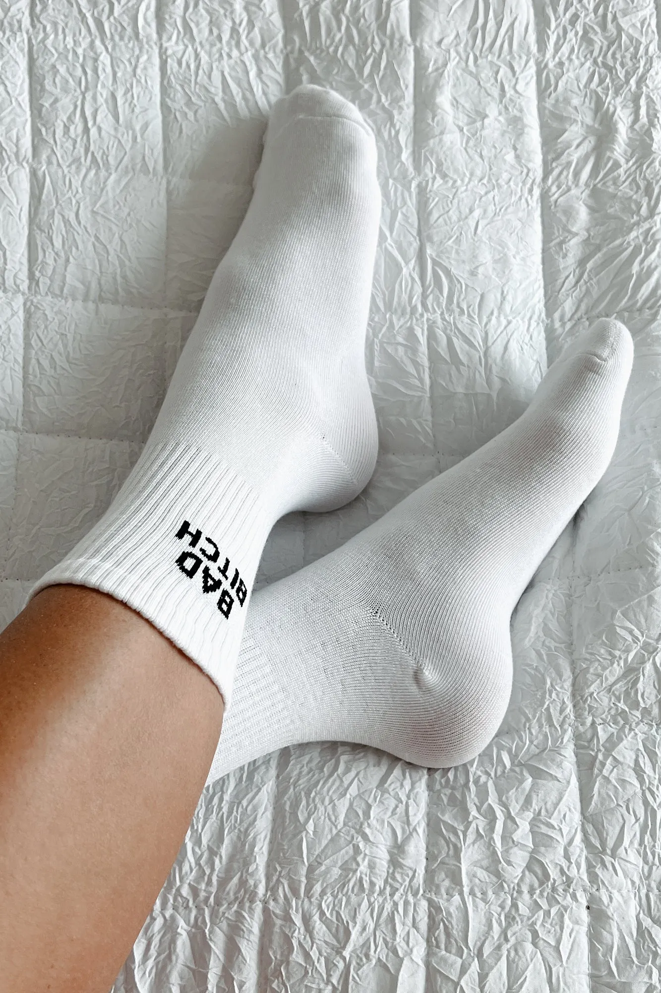 "Bad Bitch" Ribbed Crew Socks (White)