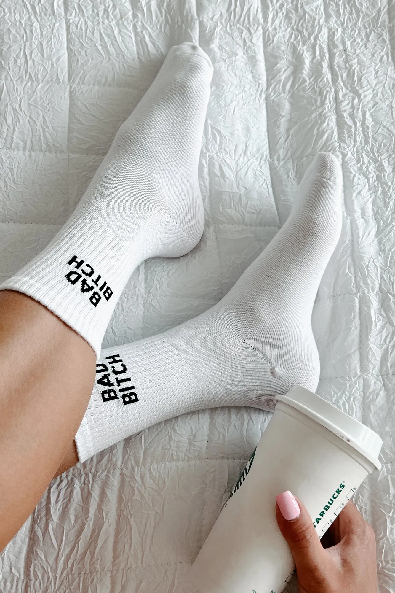 "Bad Bitch" Ribbed Crew Socks (White)