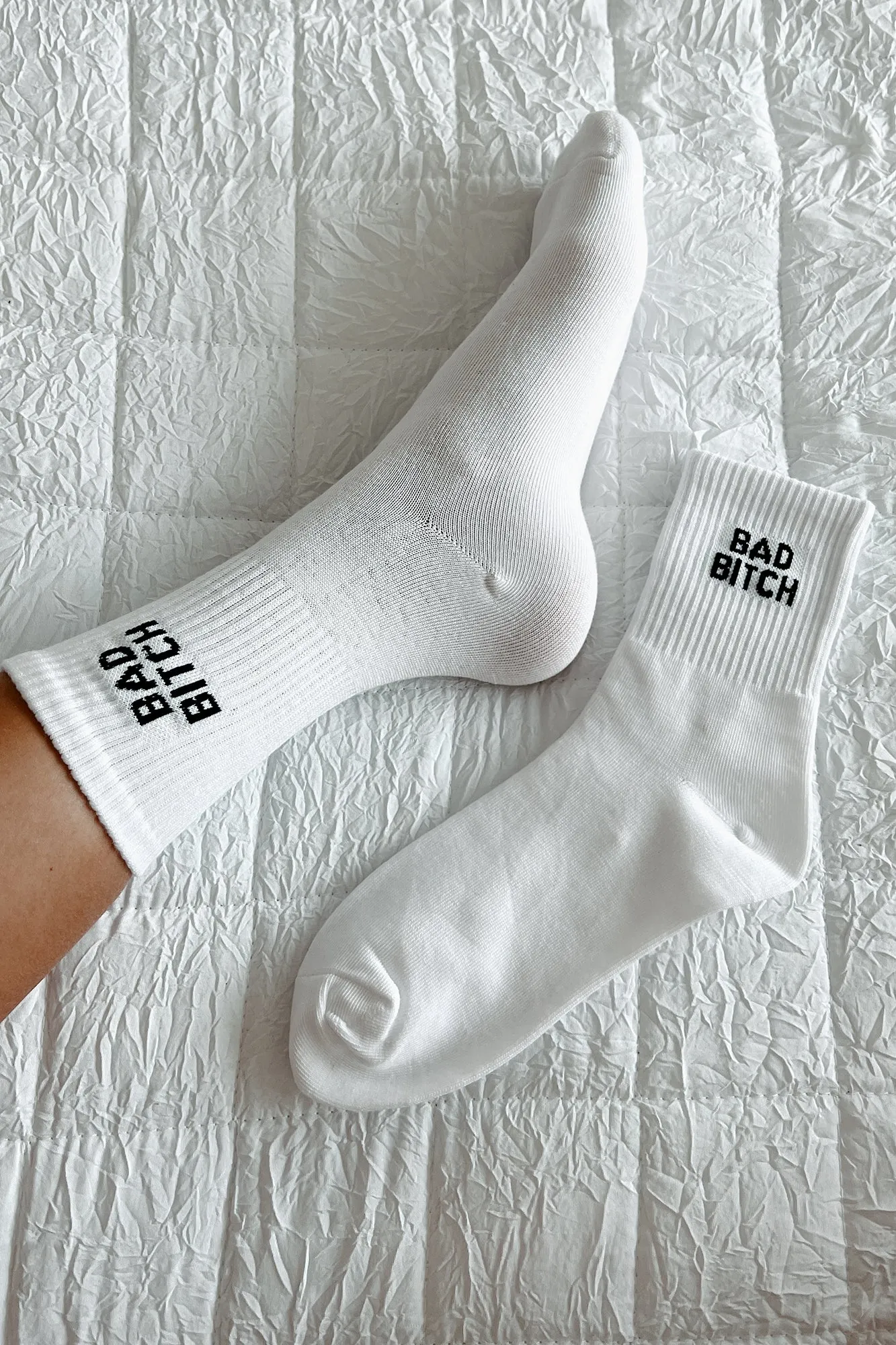 "Bad Bitch" Ribbed Crew Socks (White)