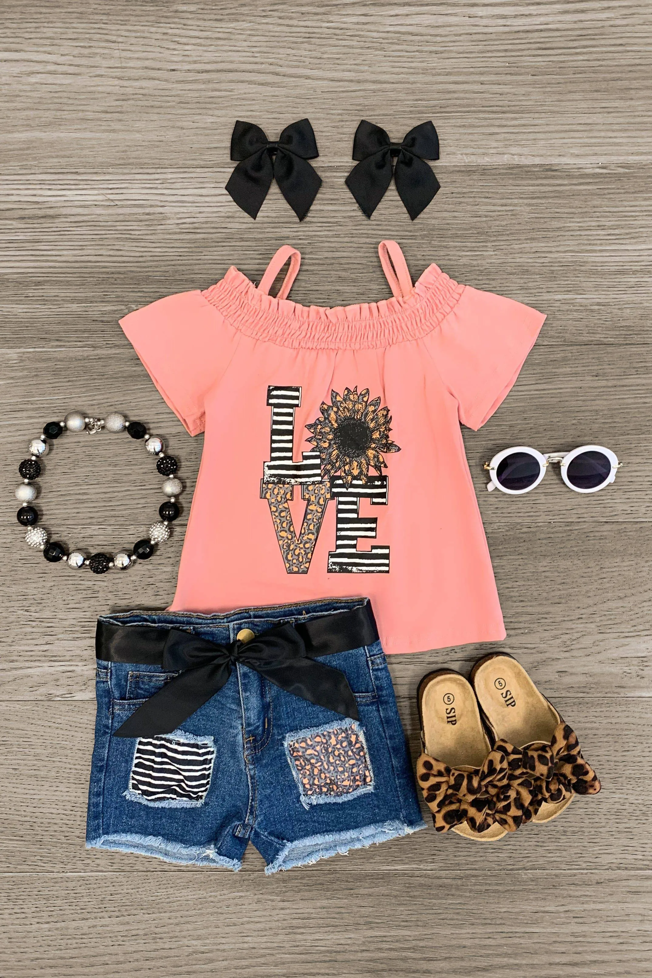 "Love" Cold Shoulder Denim Short Set