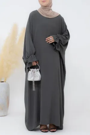 Radwa batwing abaya with ruched sleeve and loose cut in dark grey