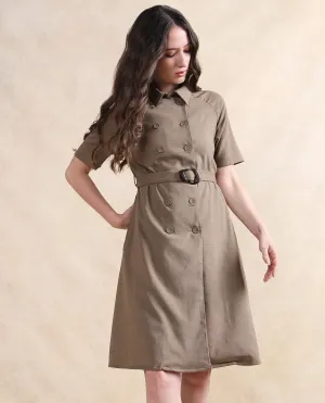 Rareism Women Crypty Dark Beige Regular Sleeves Collared Neck Button Closure A-Line Knee Length Plain Dress