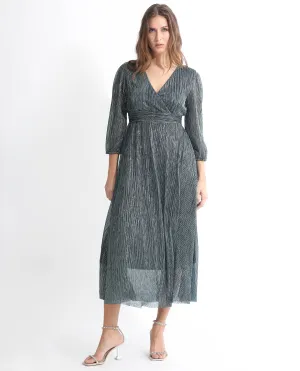 Rareism Women Daso Metallic Silver Polyester Fabric 3/4Th Sleeves Zip Closure Balloon Sleeve Fit And Flare Shimmer Maxi Empire Dress