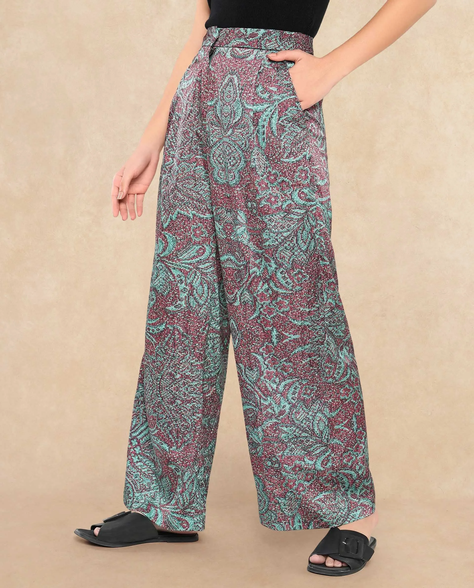 Rareism Women Edina Multi Satin Hook Closure Wide Fit Ankle Length Printed Trouser