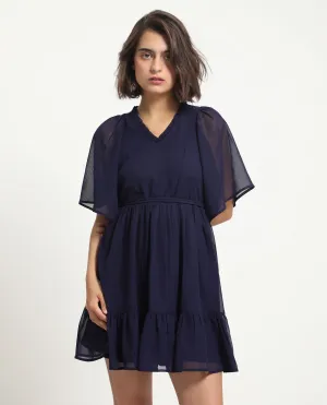 Rareism Women Hocker Navy Polyester Fabric Short Sleeves Ruffled Neck Flutter Sleeve Regular Fit Plain Short Tiered Dress
