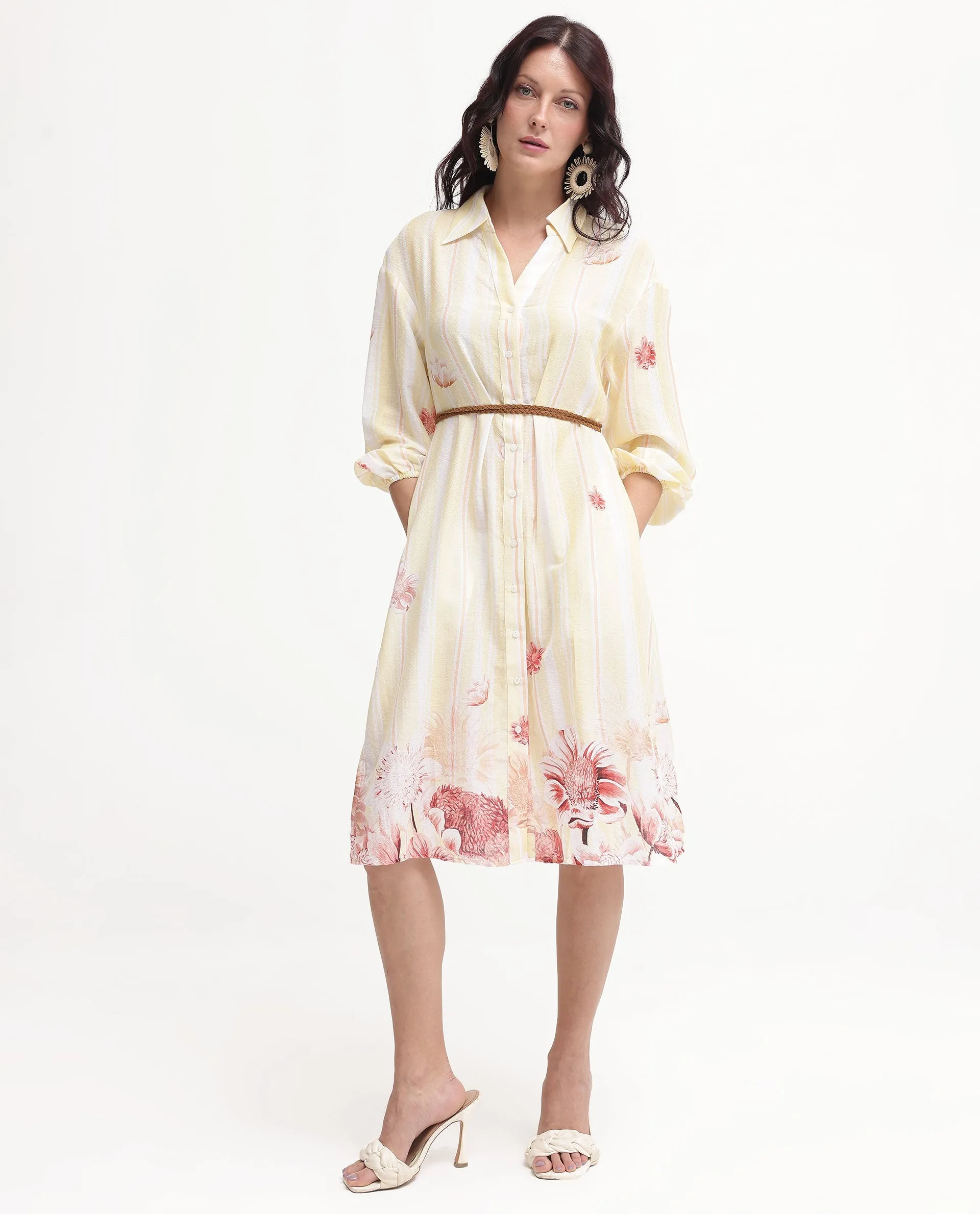Rareism Women Katina Yellow Cotton Fabric Regular Sleeves Collared Neck Button Closure Floral Print Regular Fit Dress