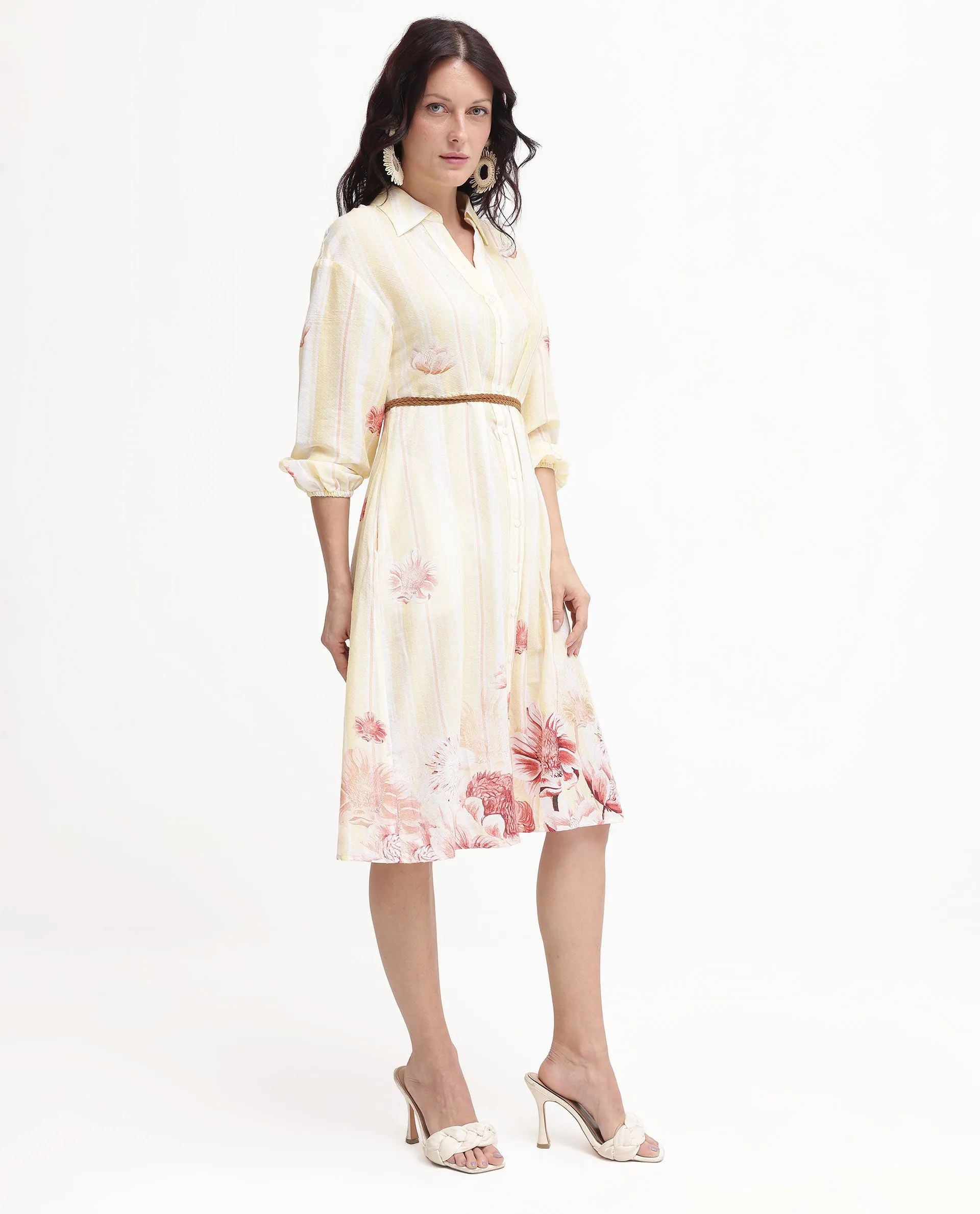 Rareism Women Katina Yellow Cotton Fabric Regular Sleeves Collared Neck Button Closure Floral Print Regular Fit Dress