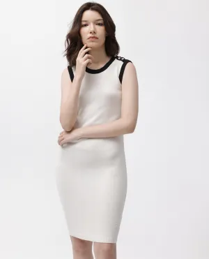 Rareism Women Knitso Off White Cotton Fabric Round Neck Sleeveless Regular Fit Plain Knee Length Sweater
