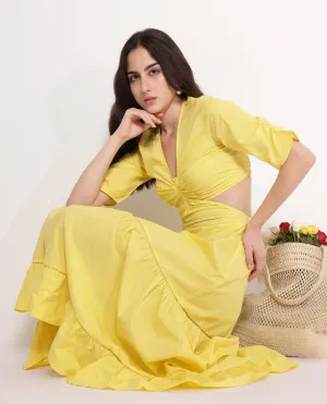 Rareism Women Lesman Yellow Puff Sleeves V-Neck Fit And Flare Maxi Plain Dress