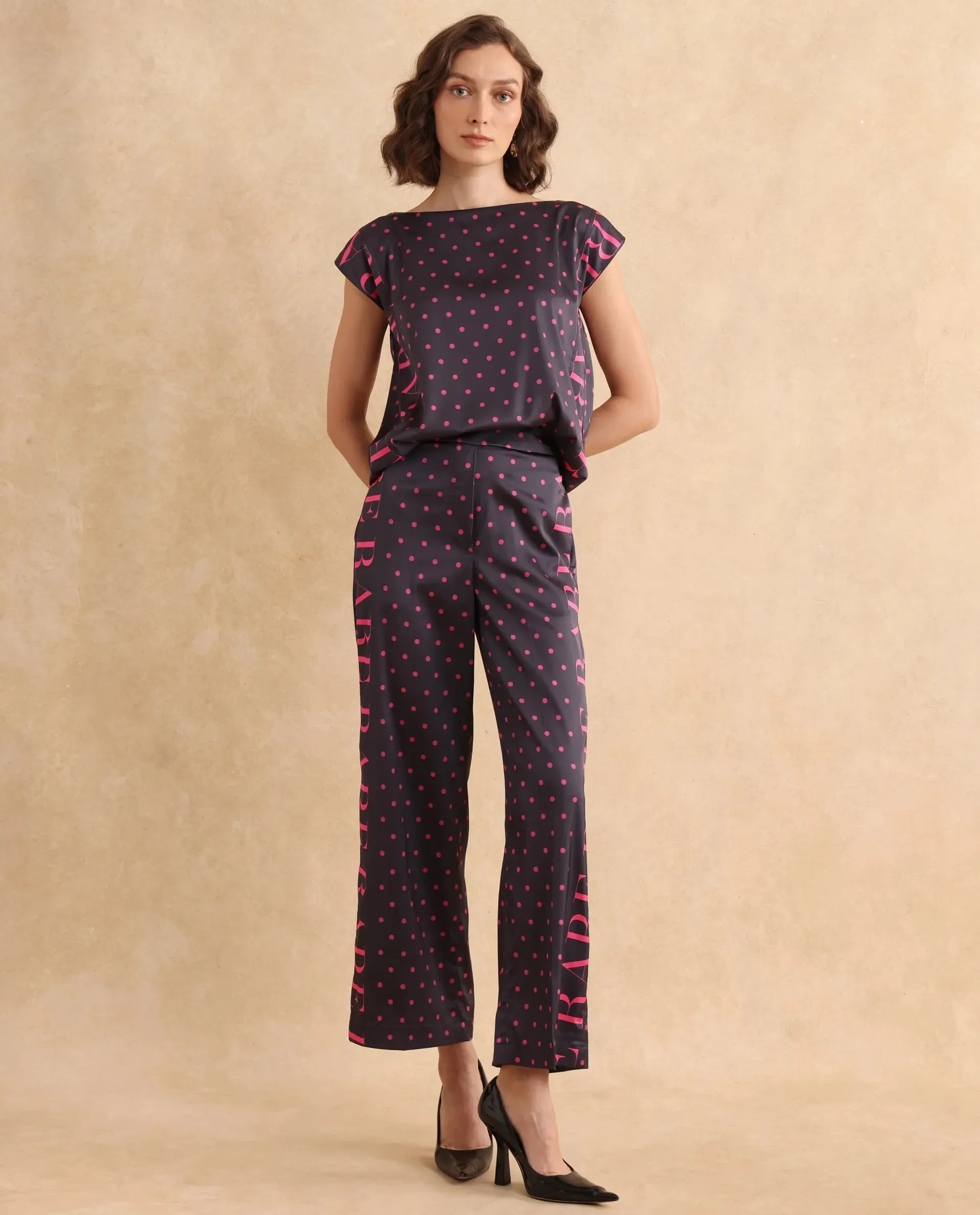 Rareism Women Utkco-B Dark Grey Polyester Fabric Tie Up Closure Straight Fit Ankle Length Polka Print Trouser