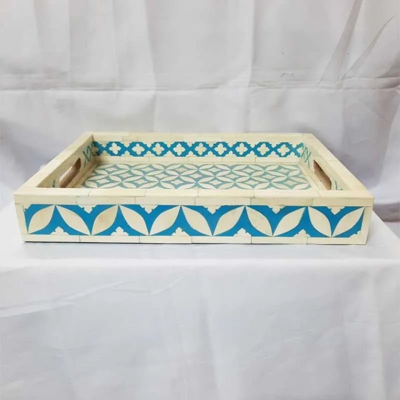 Real Bone Inlay Designer Rectangular Tray Blue