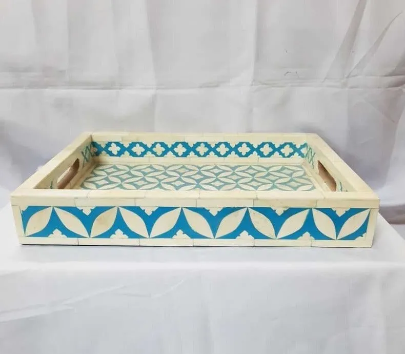 Real Bone Inlay Designer Rectangular Tray Blue