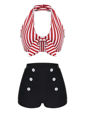 Red 1950s Retro Halter Stripes Bikini Set