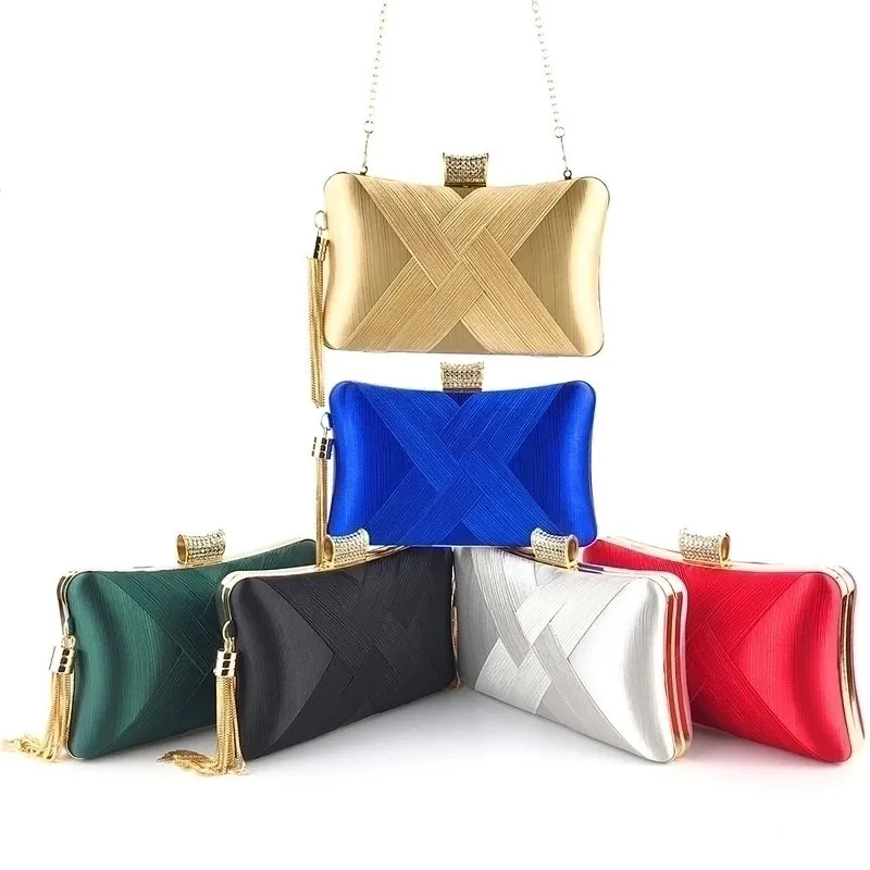 Red Blue Black Satin Silk Solid Color Tassel Square Evening Bags