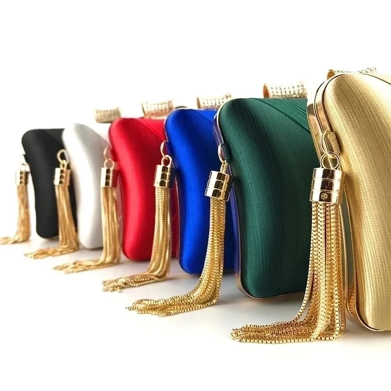 Red Blue Black Satin Silk Solid Color Tassel Square Evening Bags