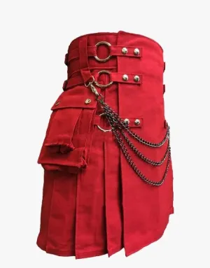 RED GOTHIC UTILITY KILT WITH CHAINS - RED CANVAS KILT