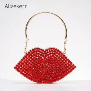 Red Lips Diamond Evening Clutch Bag Women 2020 New Designer Chic Hollow Out Small Metal Cage Handbag Rhinestone Purse Wedding