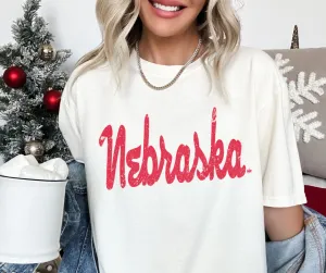 Red Nebraska Script Ivory Graphic Tee