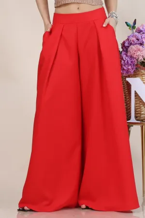Red Solid Color Women Wide Palazzo Pants