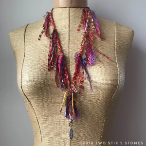 Red Tweed Fiber Necklace w/Stones (FSB00)