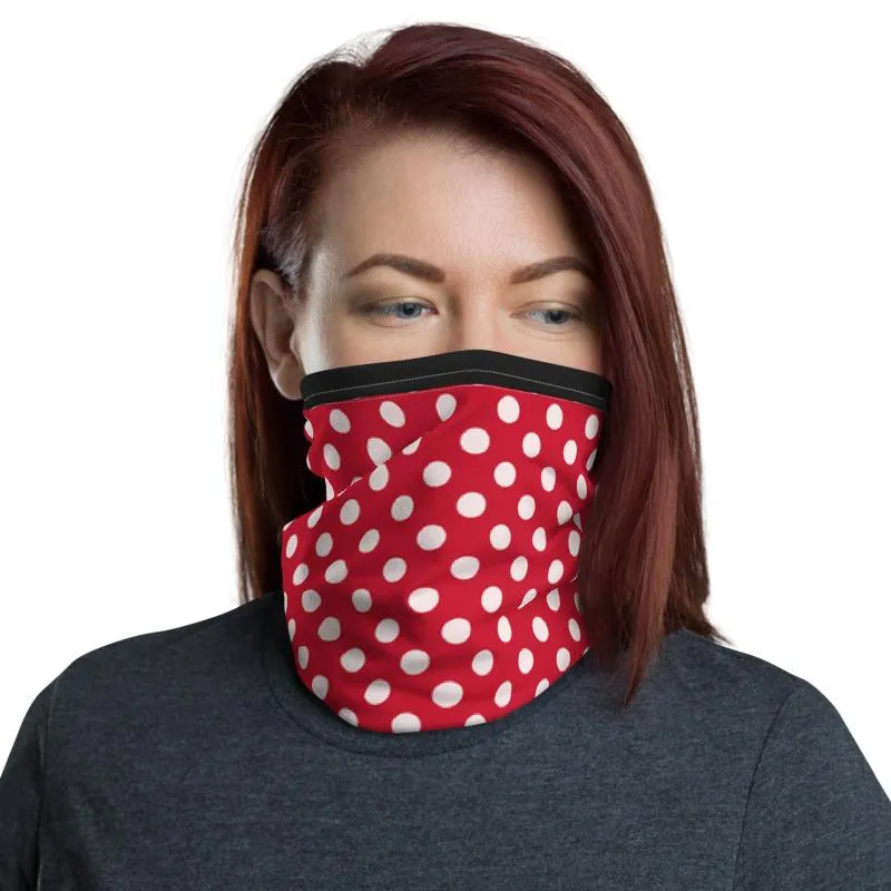 Red White black polka swiss dots, designer Neck gaiter face mask covers, tube scarf, minnie bandana Balaclava Beanie,  Gift for her, women