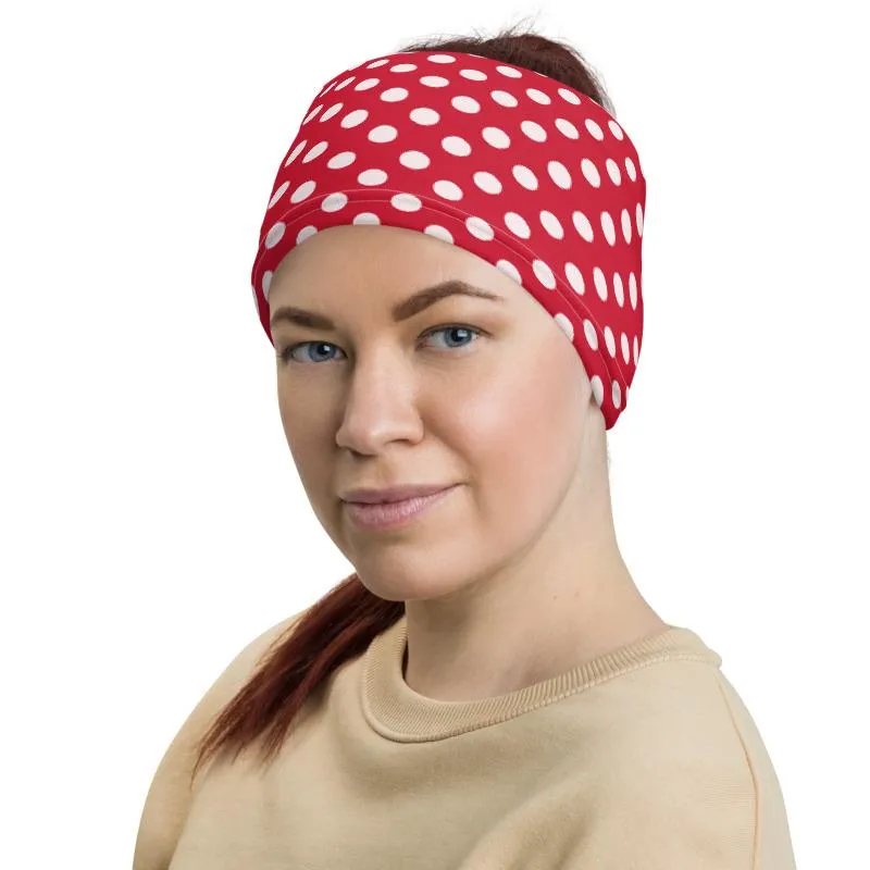 Red White black polka swiss dots, designer Neck gaiter face mask covers, tube scarf, minnie bandana Balaclava Beanie,  Gift for her, women