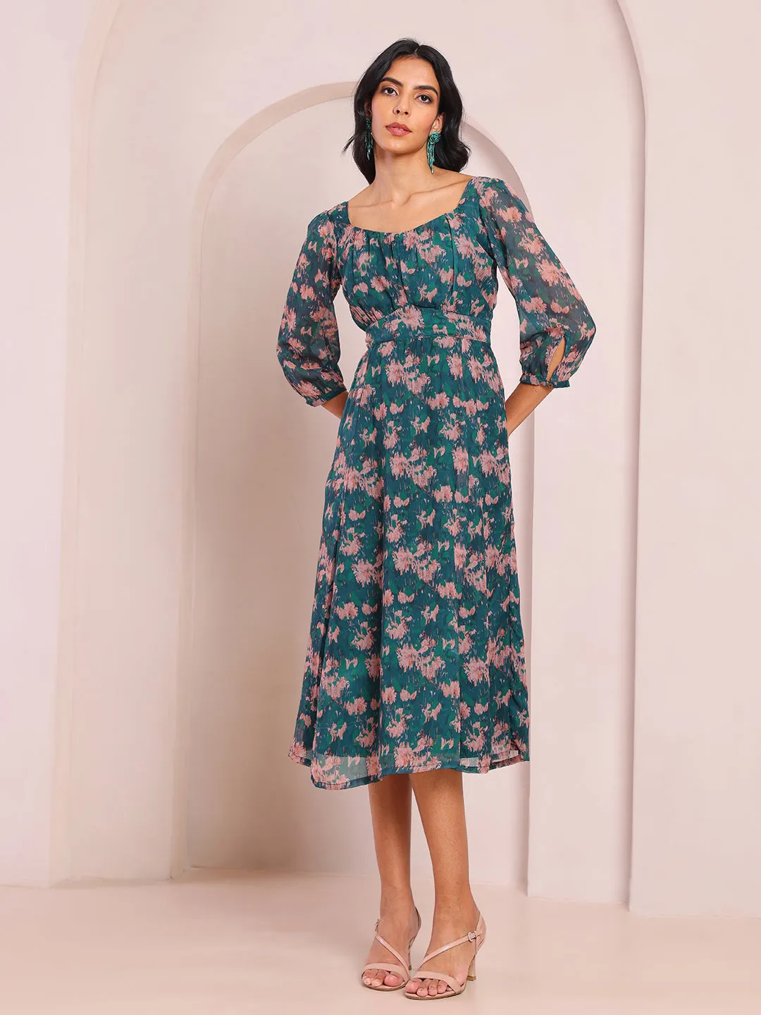 Regal Odyssey Printed Green Flared Dress