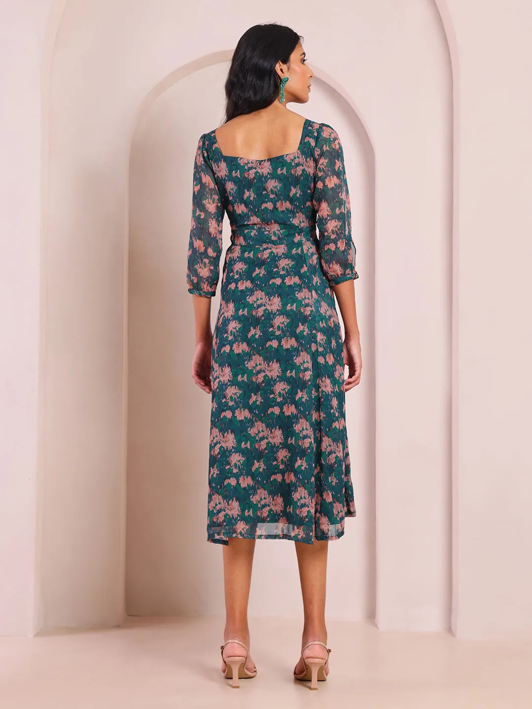Regal Odyssey Printed Green Flared Dress
