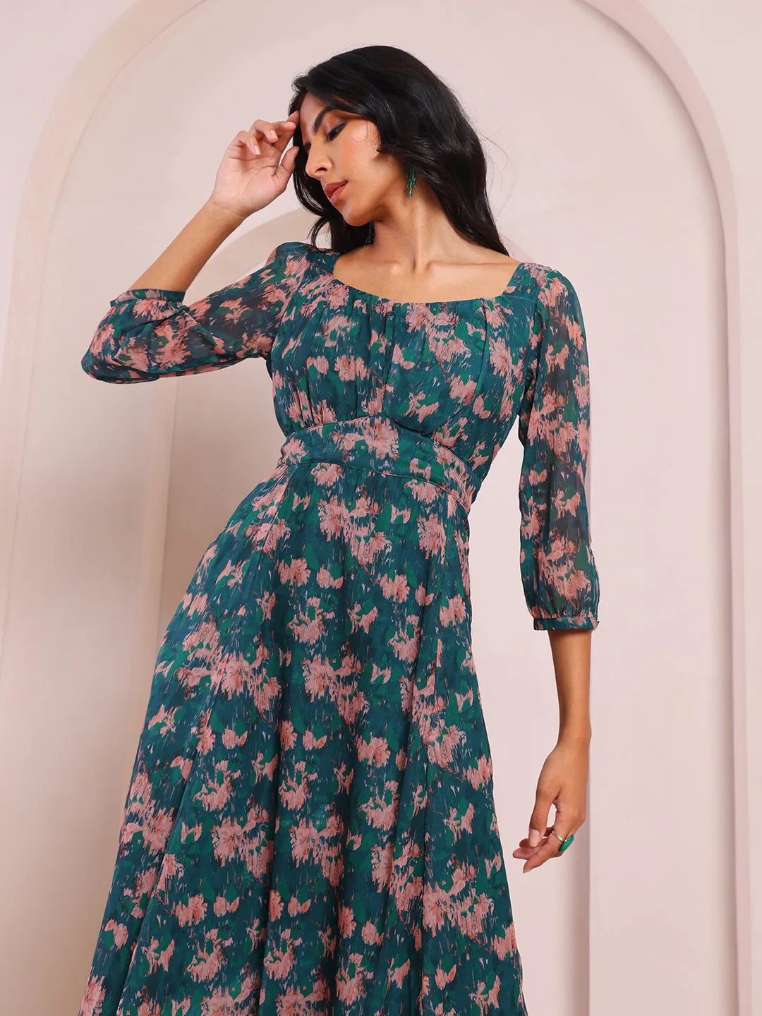 Regal Odyssey Printed Green Flared Dress