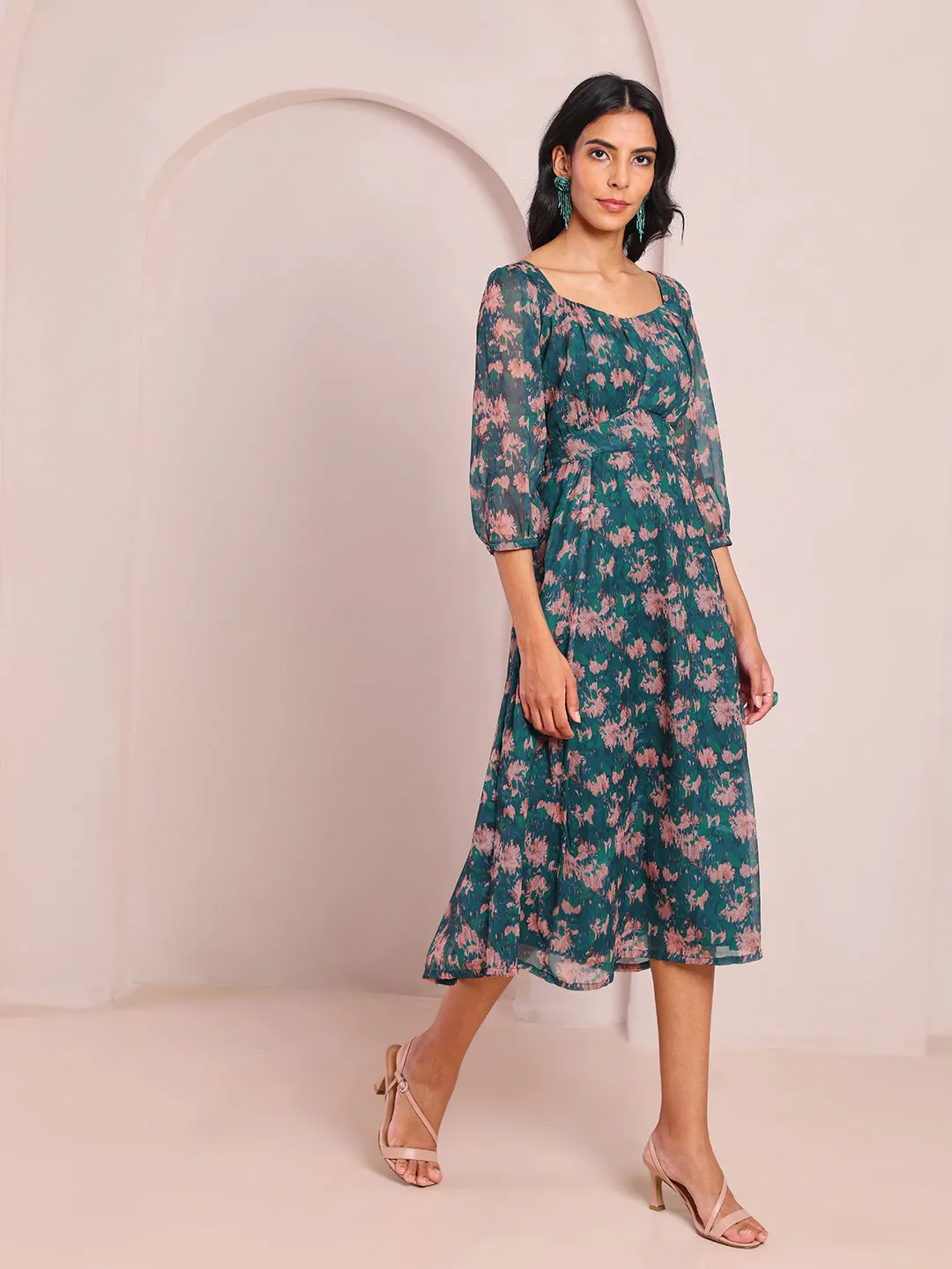 Regal Odyssey Printed Green Flared Dress