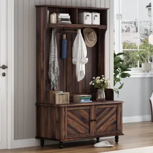 relaxed Hall Tree w/Bench for Entryway, 3-in-1 Coat Hanger w/Hooks, Doors, and Shelf, Black