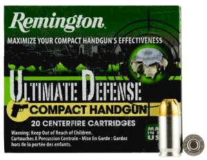 Remington Ammunition CHD380BN Ultimate Defense Compact Handgun 380 Automatic Colt Pistol (ACP) 102 GR Brass Jacket Hollow Point 20 Bx/ 25 Cs